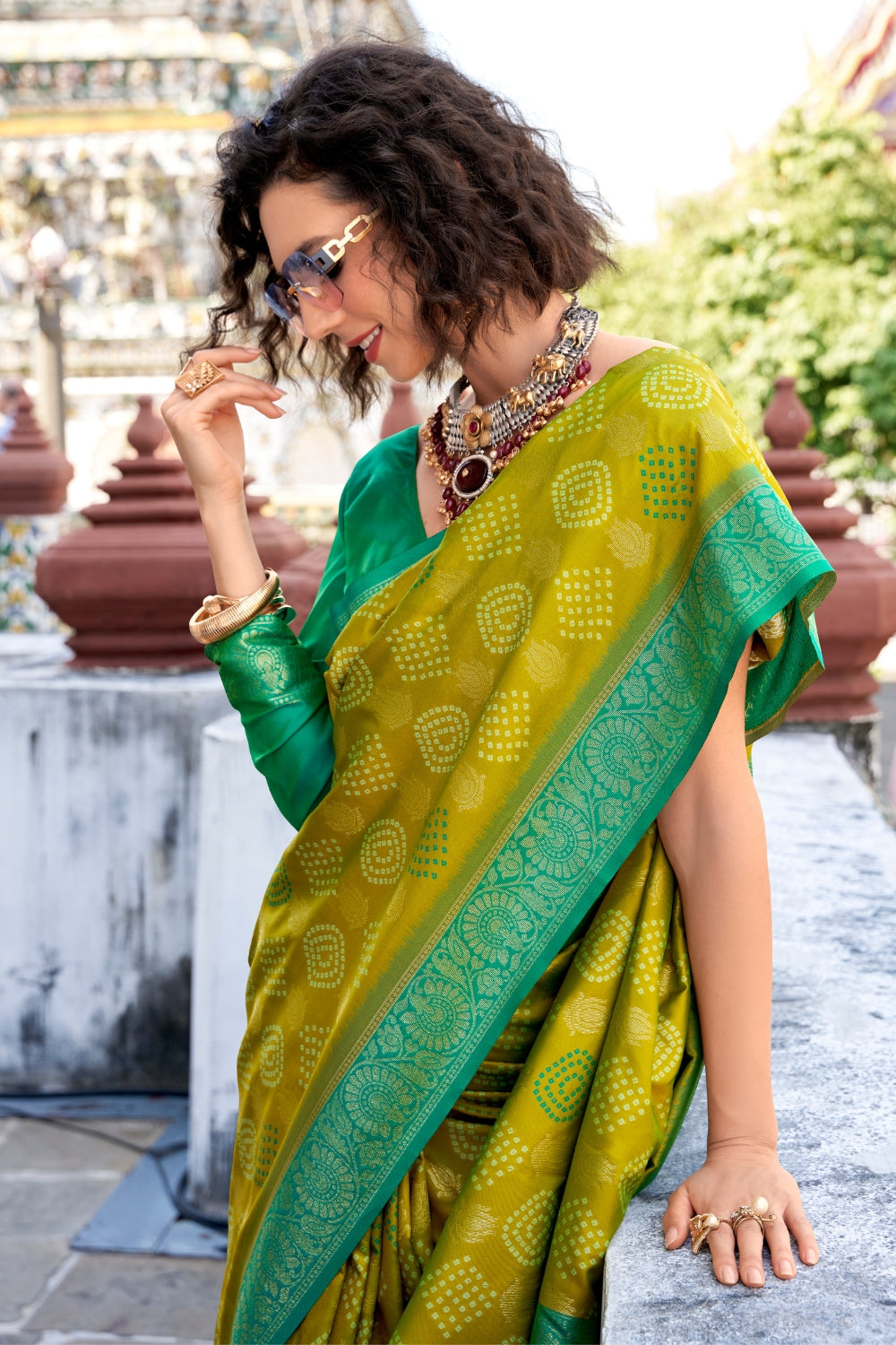 Olive Soft Banarasi Bandhani Silk Saree