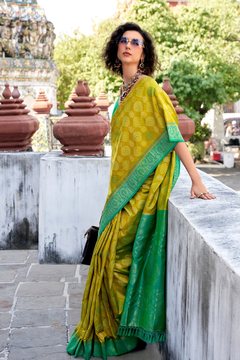 Olive Soft Banarasi Bandhani Silk Saree