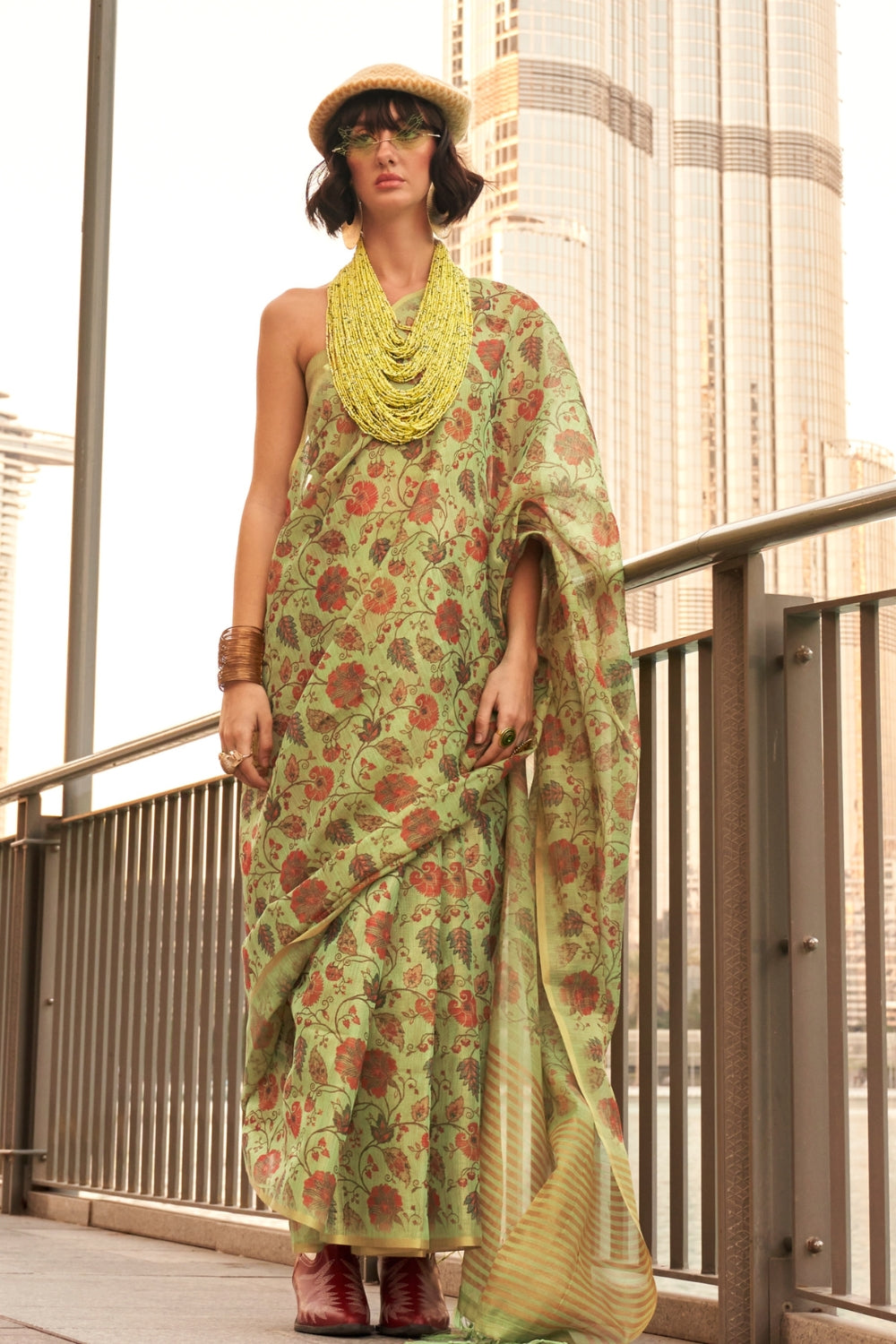 Light Green Printed Tissue Saree