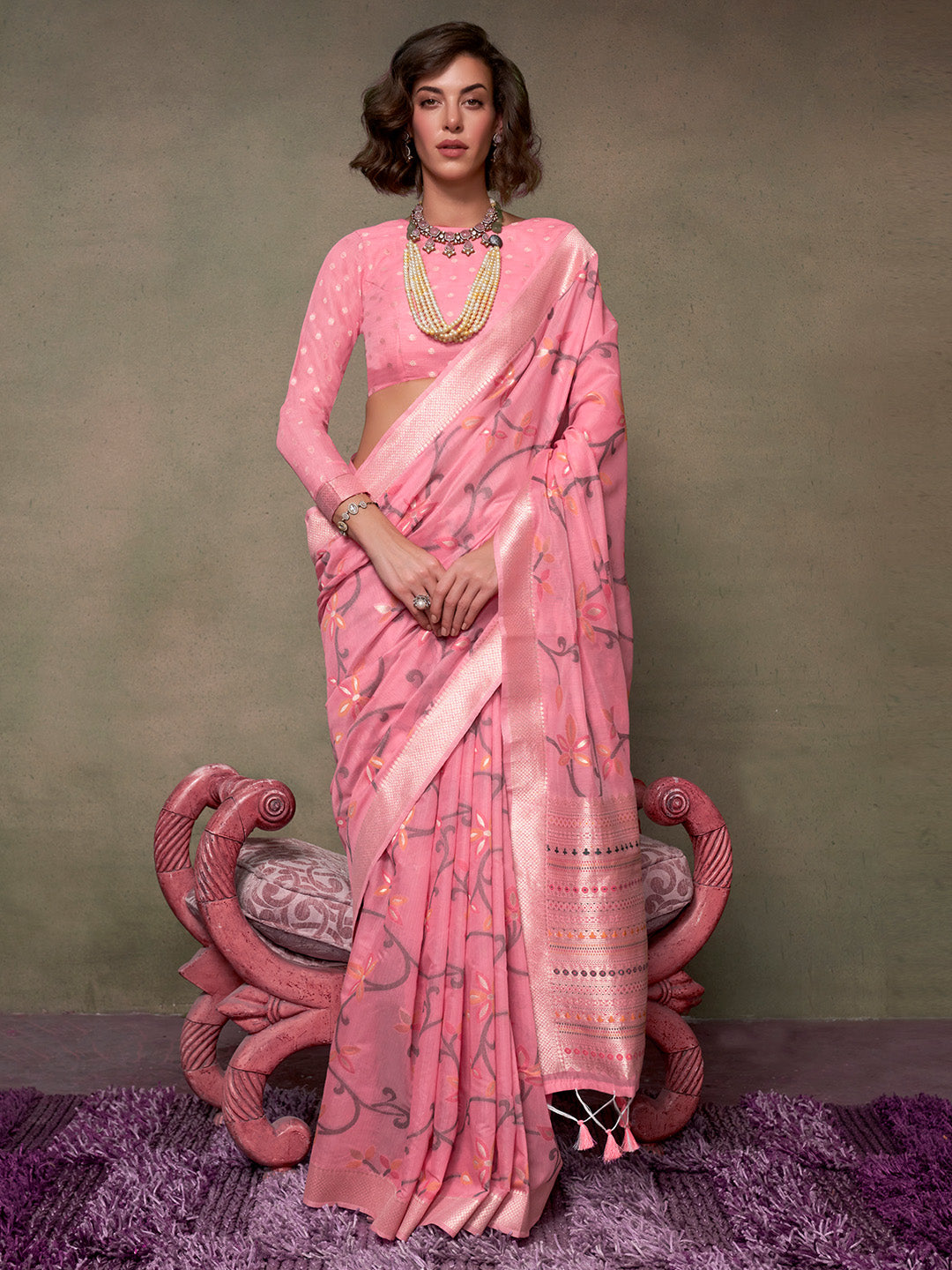 Pink Jamdani Cotton Saree