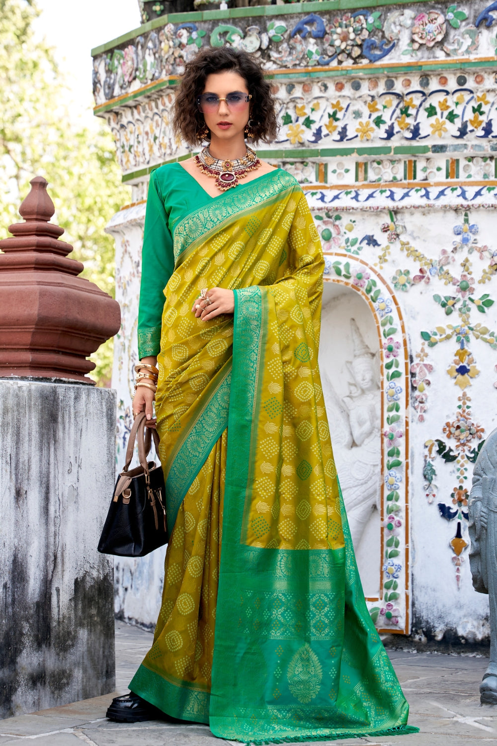 Olive Soft Banarasi Bandhani Silk Saree