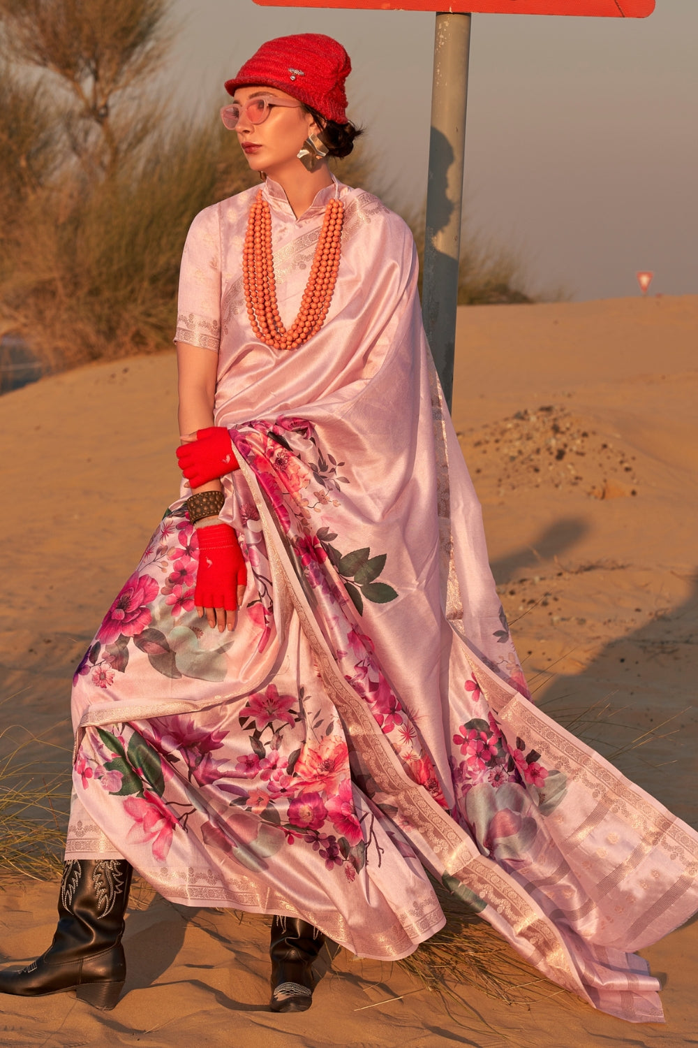 Lace Pink Printed Tussar Saree