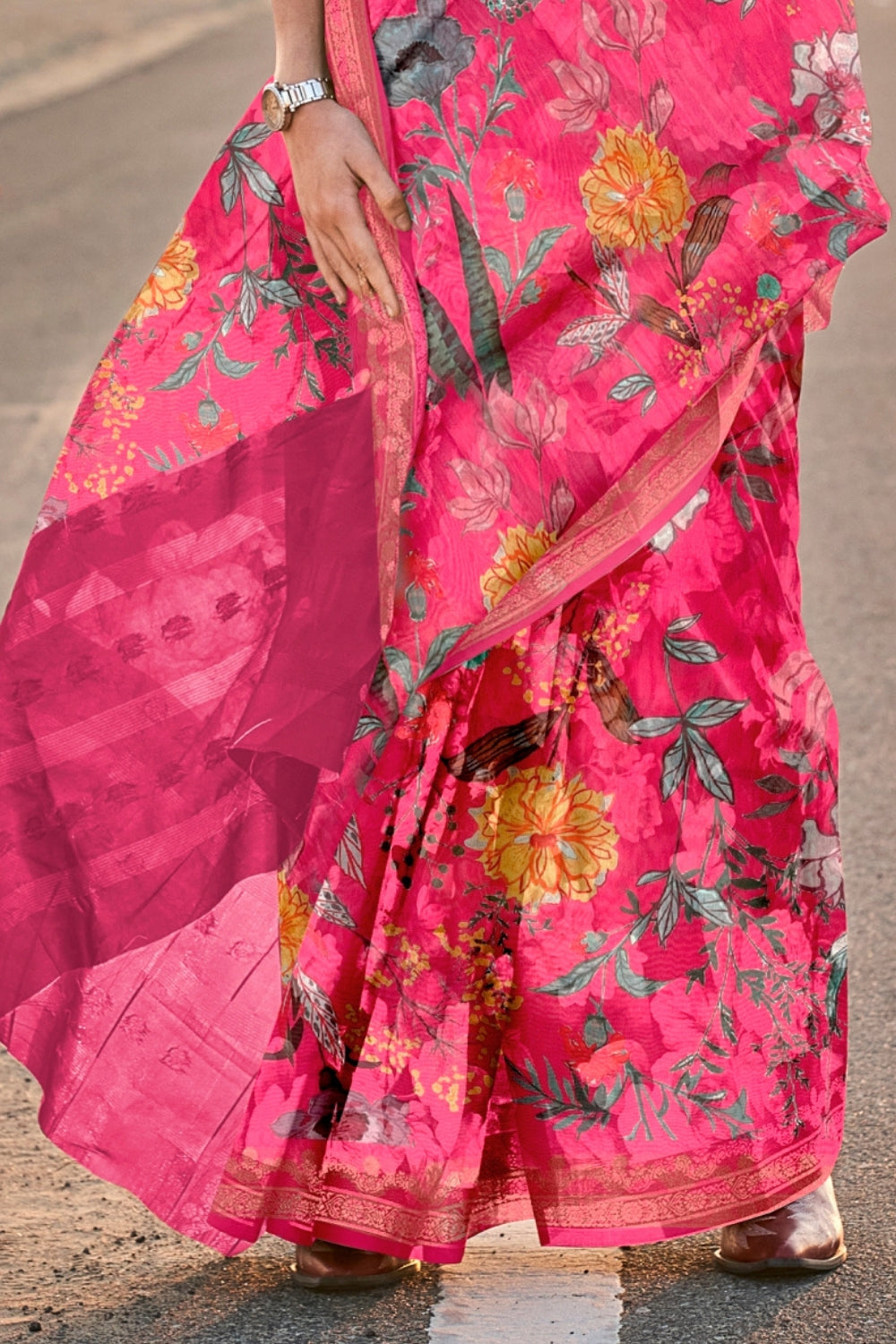 Rouge Pink Printed Tussar Saree