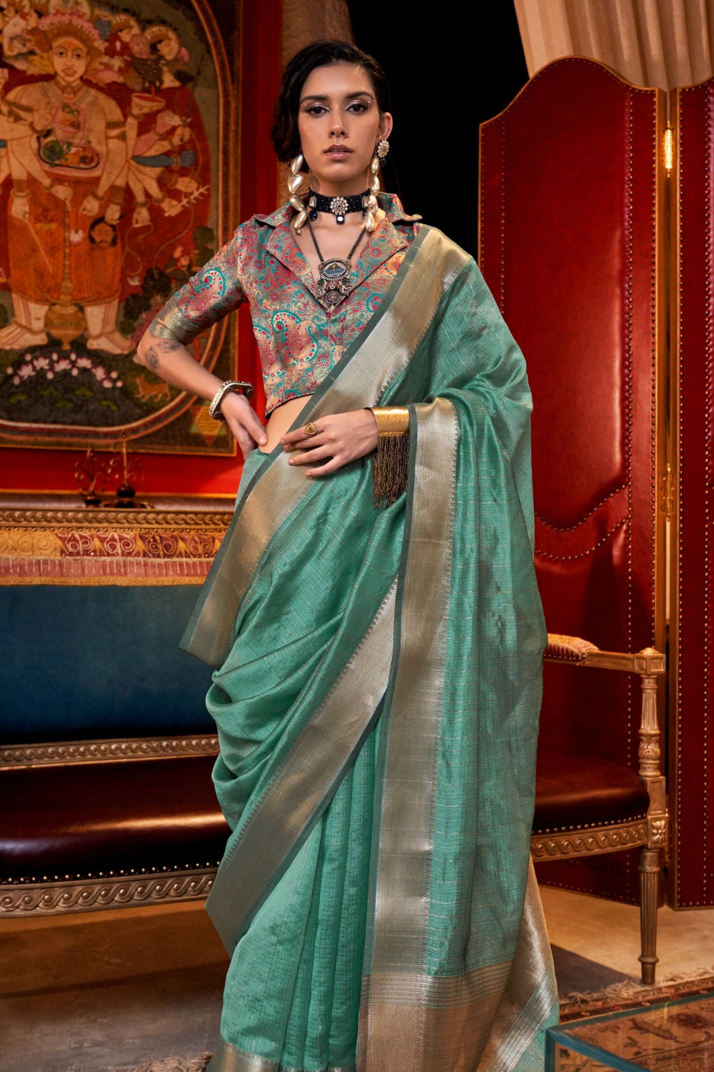 Teal Green Moss Chiffon Saree