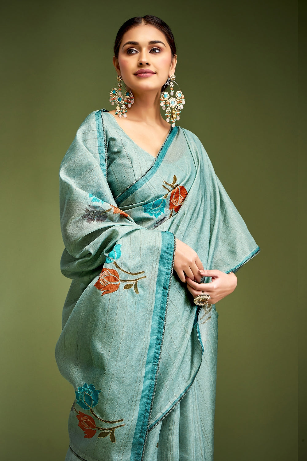 Green Pure Tusser With Hand Touched Work and Amazing Designer Blouse Saree