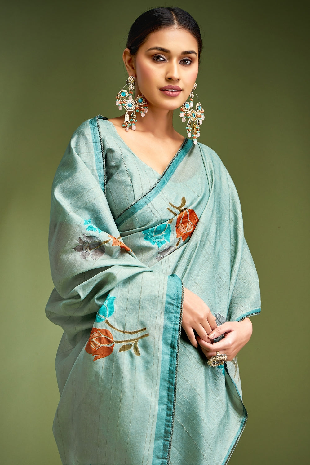 Green Pure Tusser With Hand Touched Work and Amazing Designer Blouse Saree