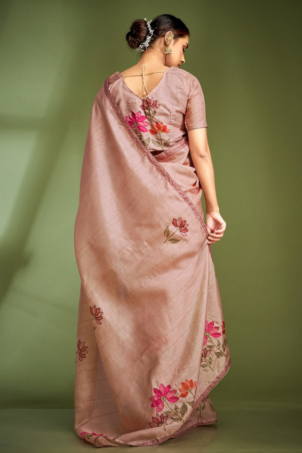 Pink Pure Tusser With Hand Touched Work and Amazing Designer Blouse Saree