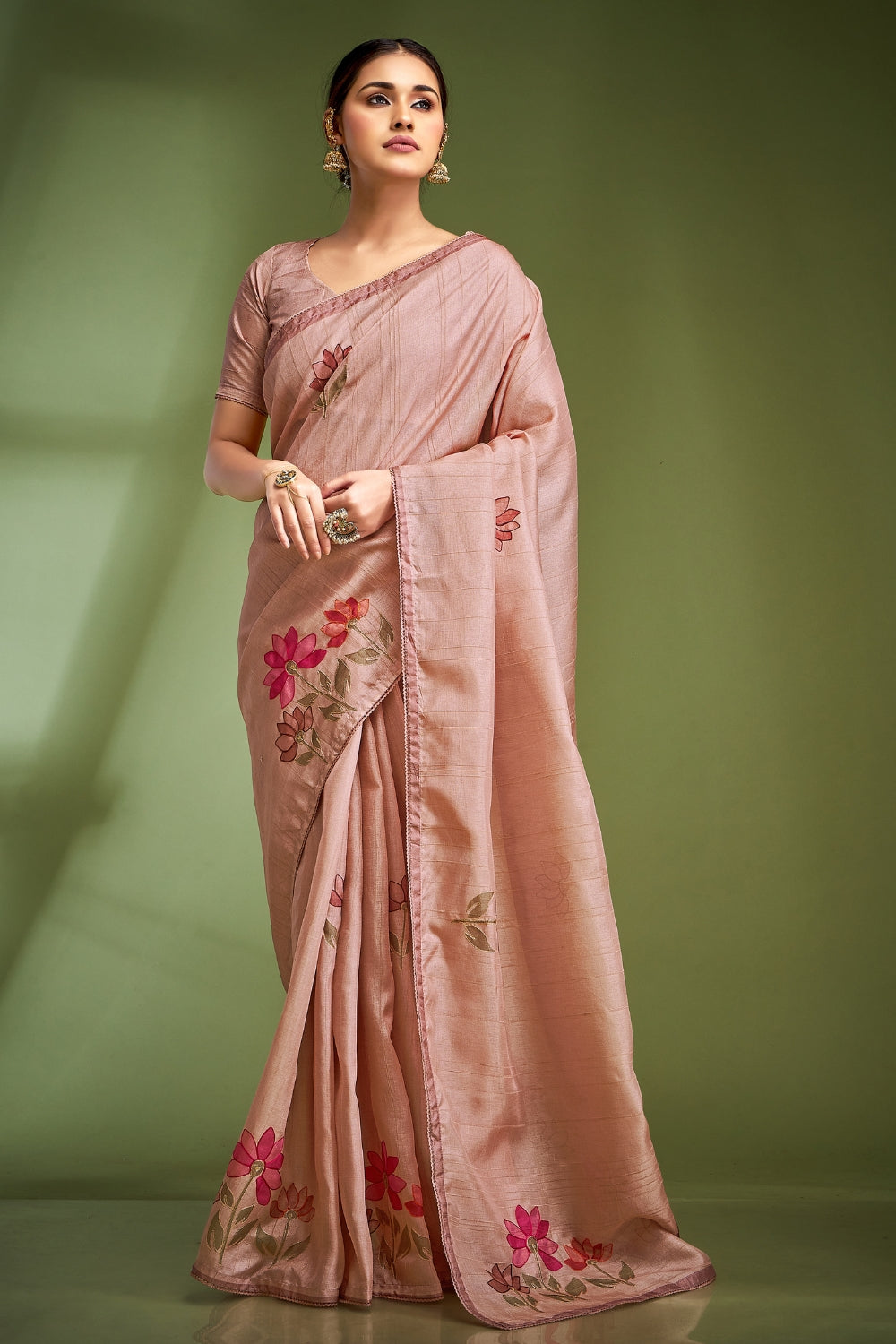 Pink Pure Tusser With Hand Touched Work and Amazing Designer Blouse Saree