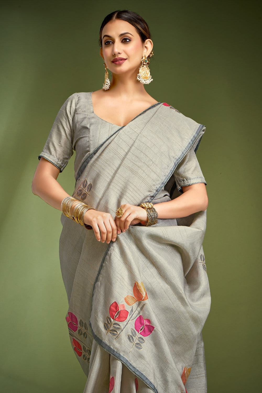 Grey Pure Tusser With Hand Touched Work and Amazing Designer Blouse Saree