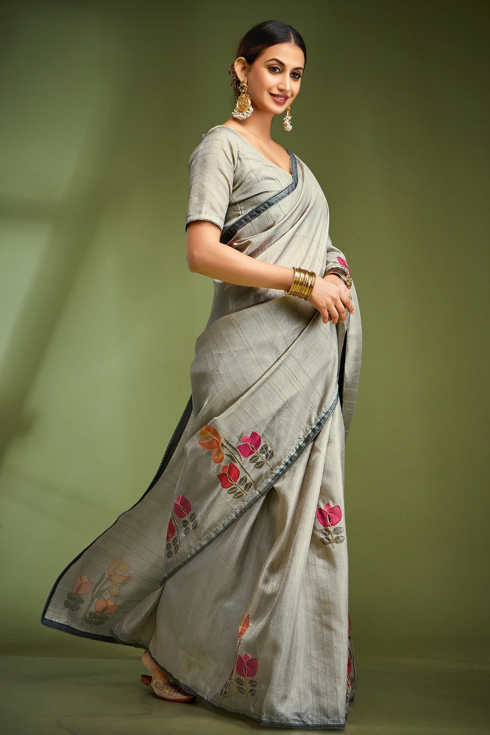 Grey Pure Tusser With Hand Touched Work and Amazing Designer Blouse Saree