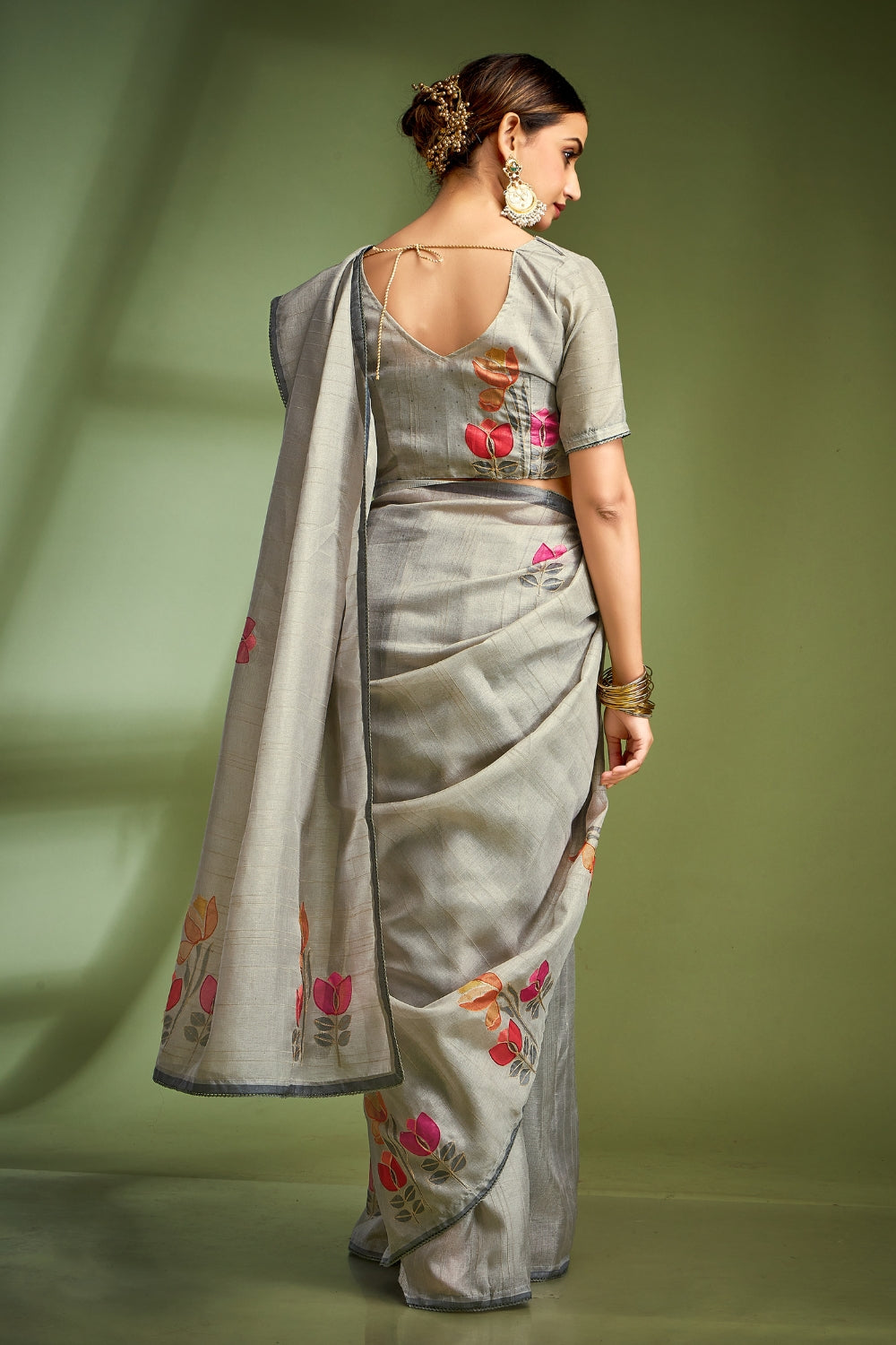 Grey Pure Tusser With Hand Touched Work and Amazing Designer Blouse Saree