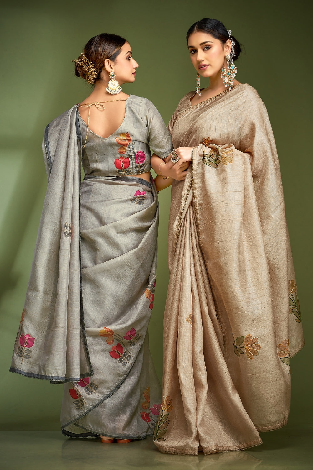 Grey Pure Tusser With Hand Touched Work and Amazing Designer Blouse Saree