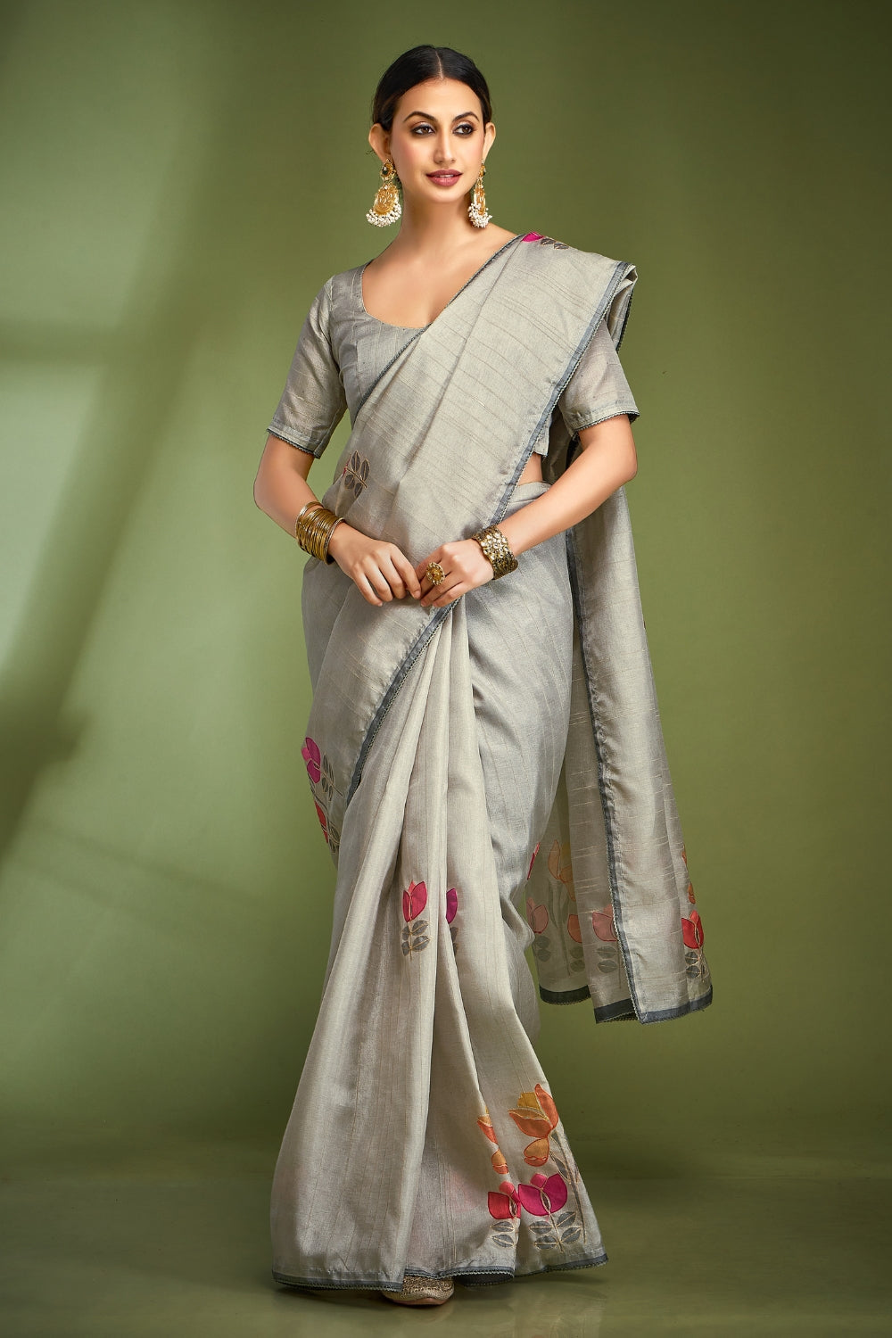 Grey Pure Tusser With Hand Touched Work and Amazing Designer Blouse Saree