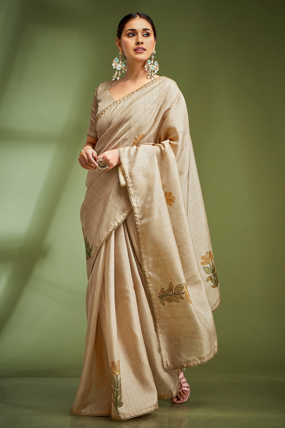 Cream Pure Tusser With Hand Touched Work and Amazing Designer Blouse Saree