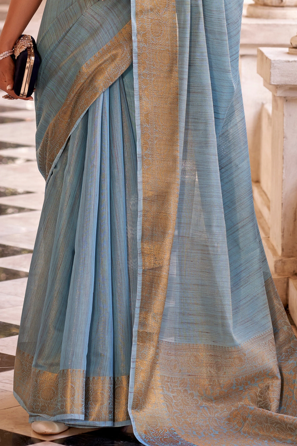 Blue Tissue Linen With Zari Weaving  Saree