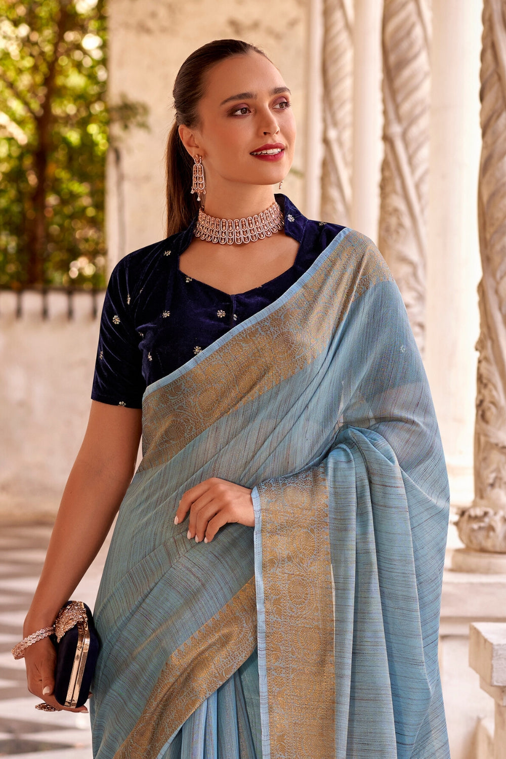 Blue Tissue Linen With Zari Weaving  Saree