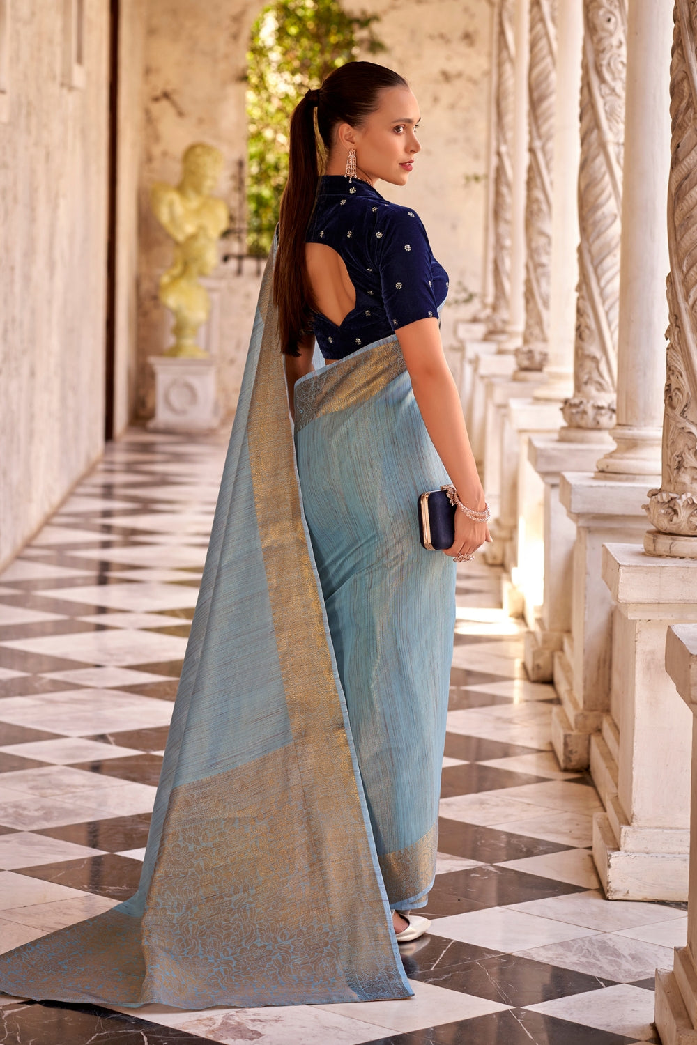 Blue Tissue Linen With Zari Weaving  Saree