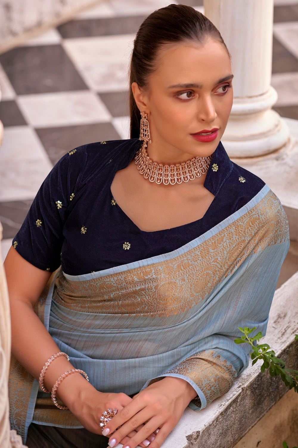 Blue Tissue Linen With Zari Weaving  Saree