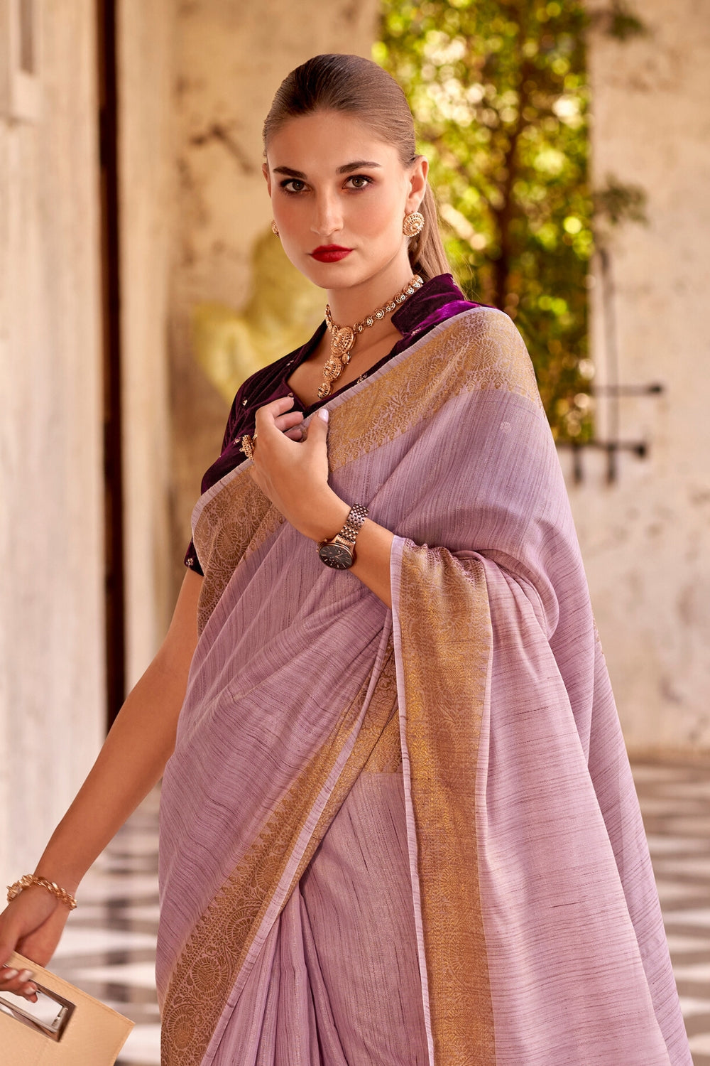 Purple Tissue Linen With Zari Weaving  Saree