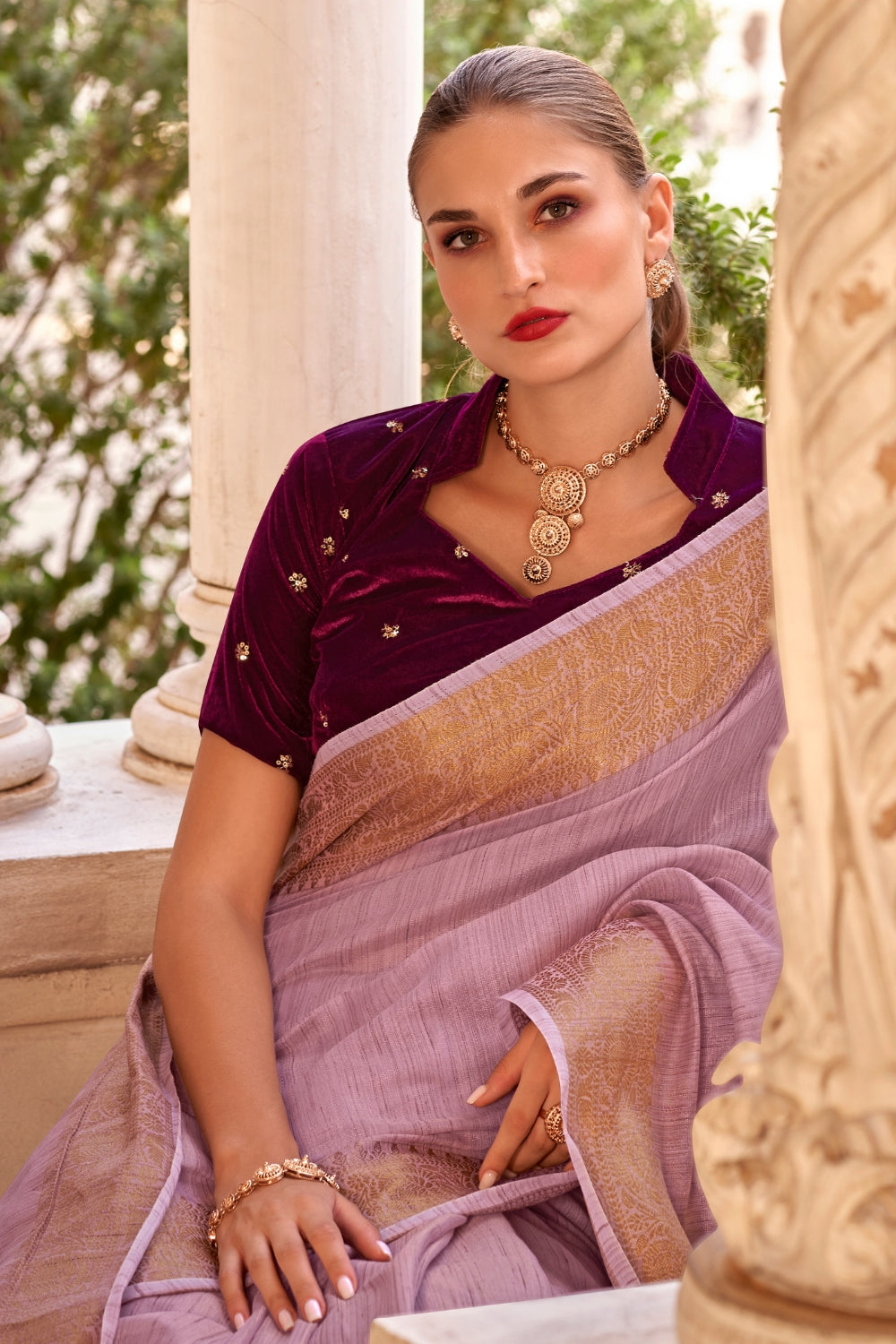 Purple Tissue Linen With Zari Weaving  Saree