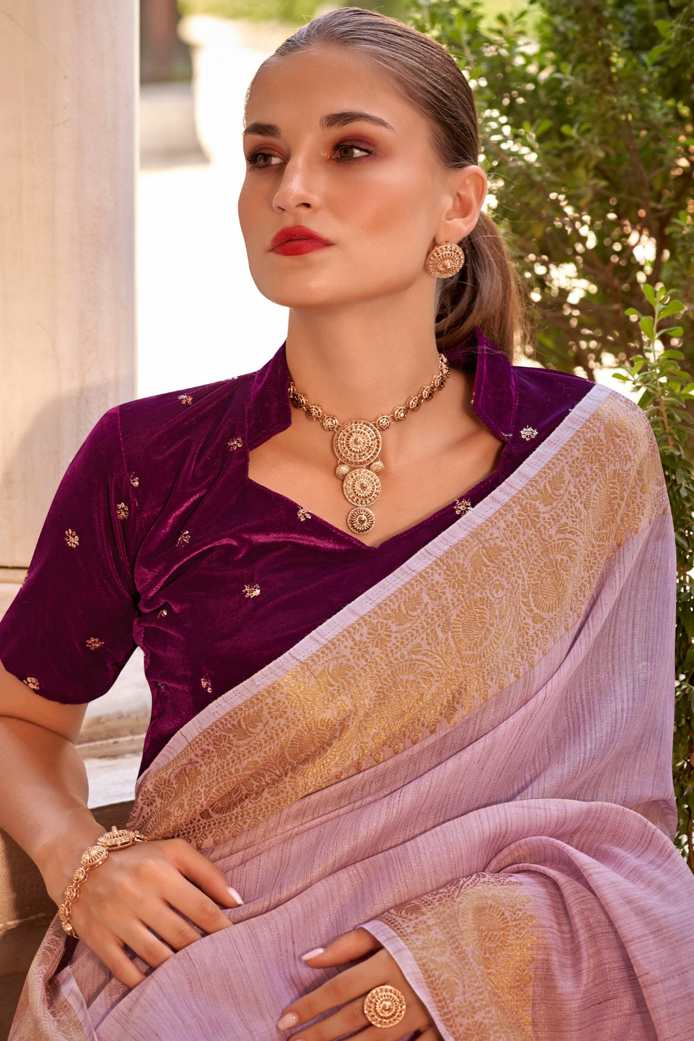 Purple Tissue Linen With Zari Weaving  Saree