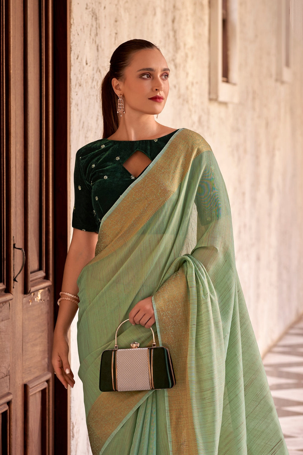 Green Tissue Linen With Zari Weaving  Saree