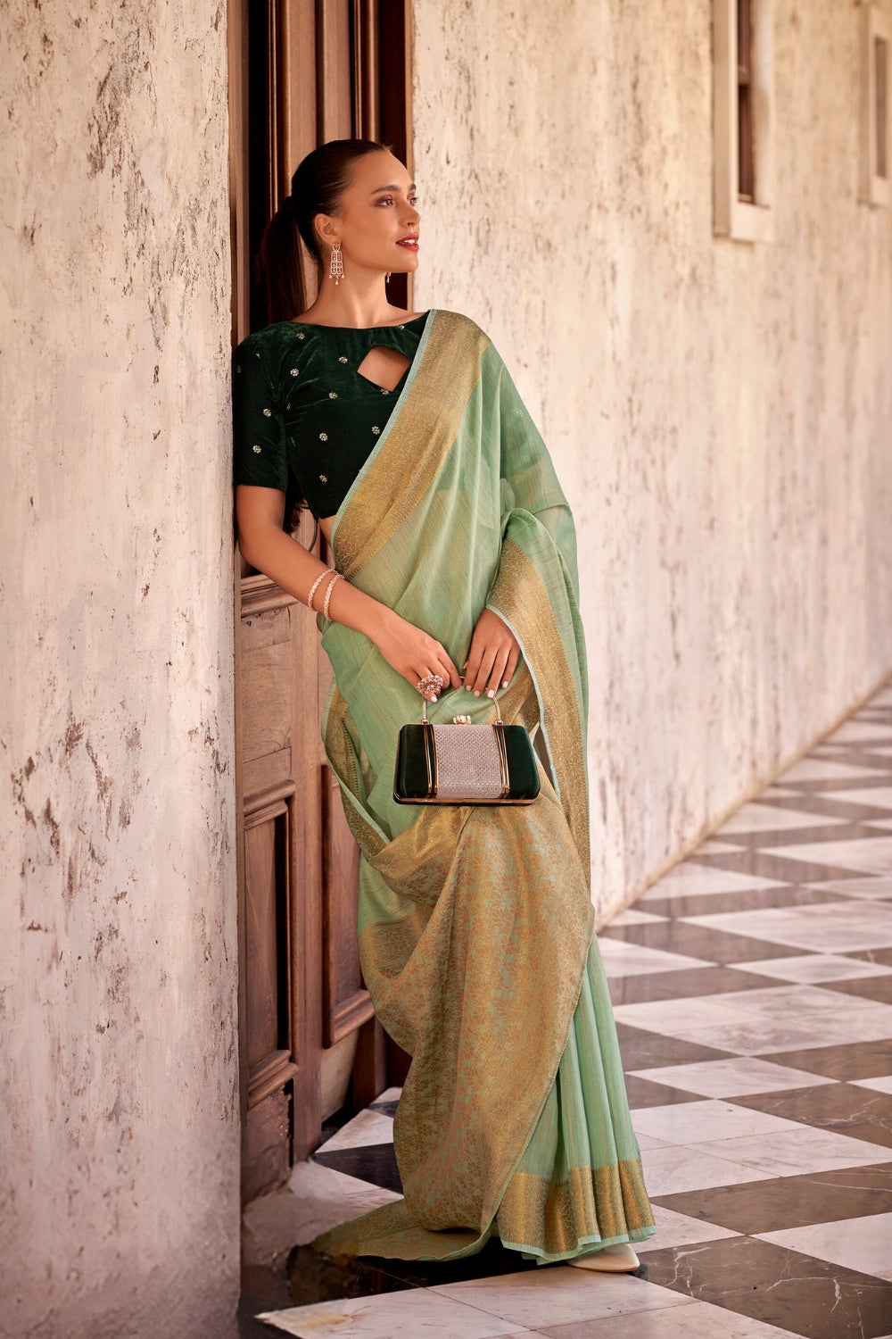 Green Tissue Linen With Zari Weaving  Saree