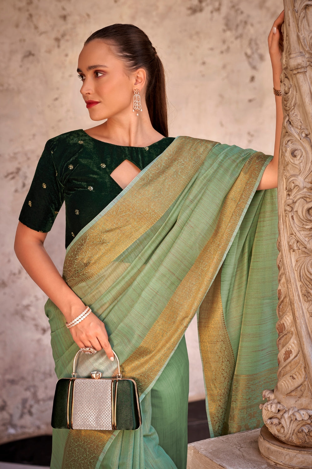 Green Tissue Linen With Zari Weaving  Saree