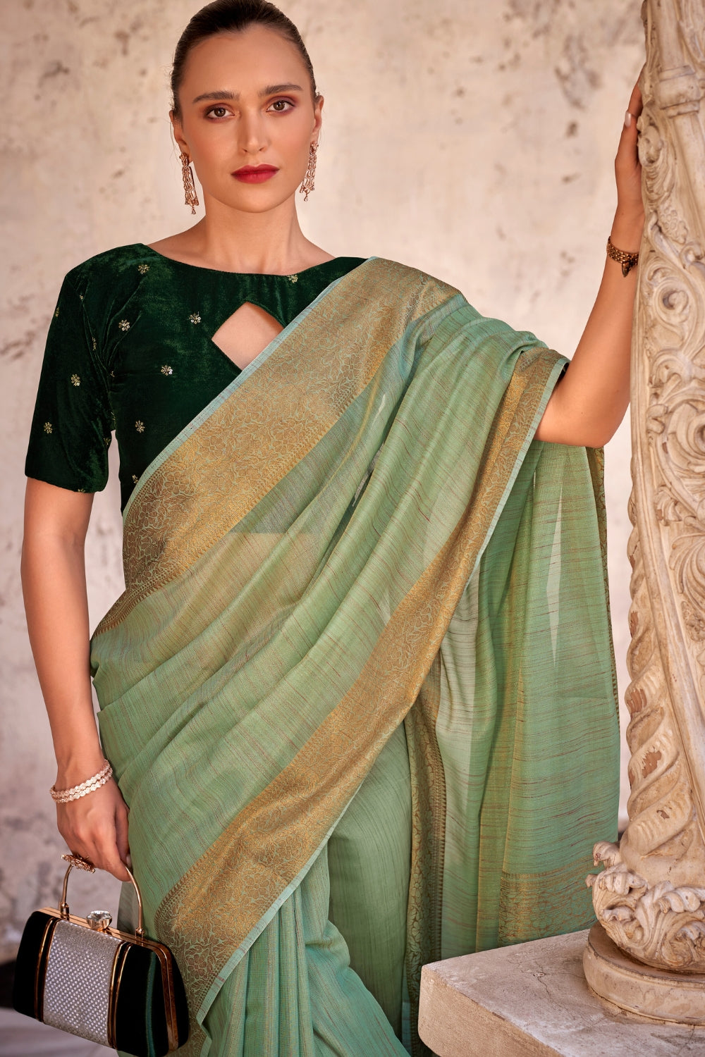 Green Tissue Linen With Zari Weaving  Saree