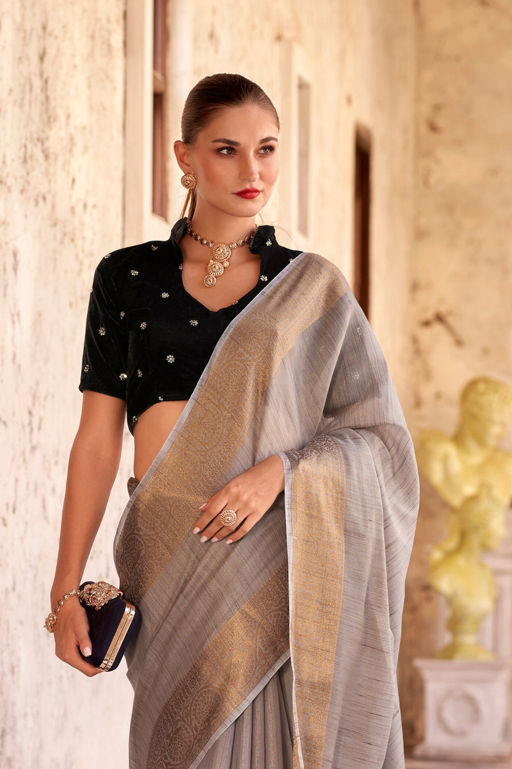 Grey Tissue Linen With Zari Weaving  Saree