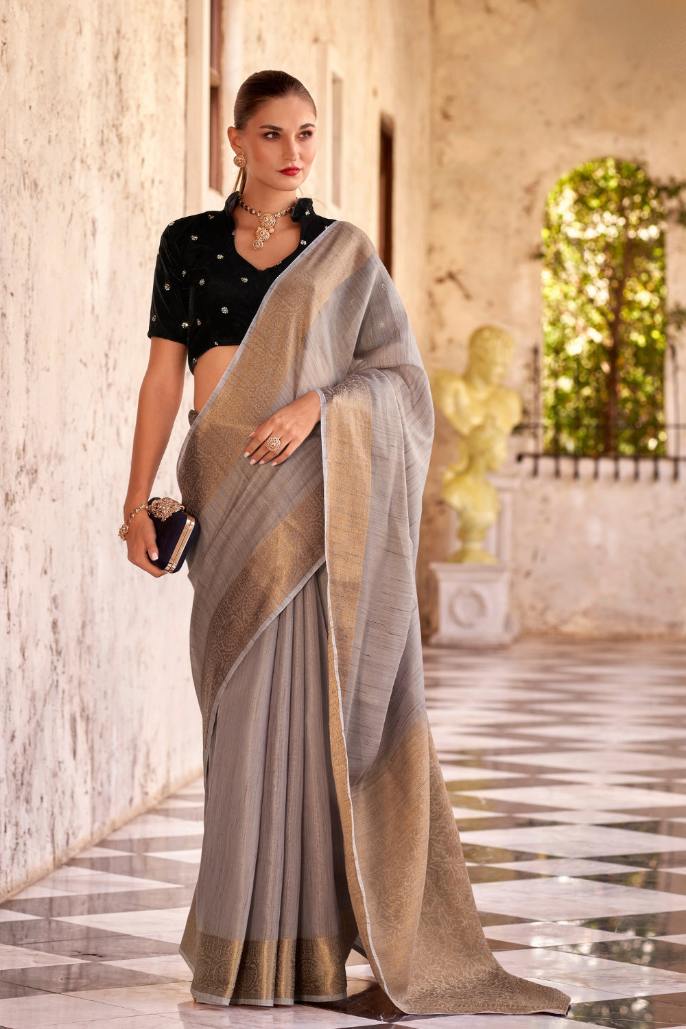 Grey Tissue Linen With Zari Weaving  Saree