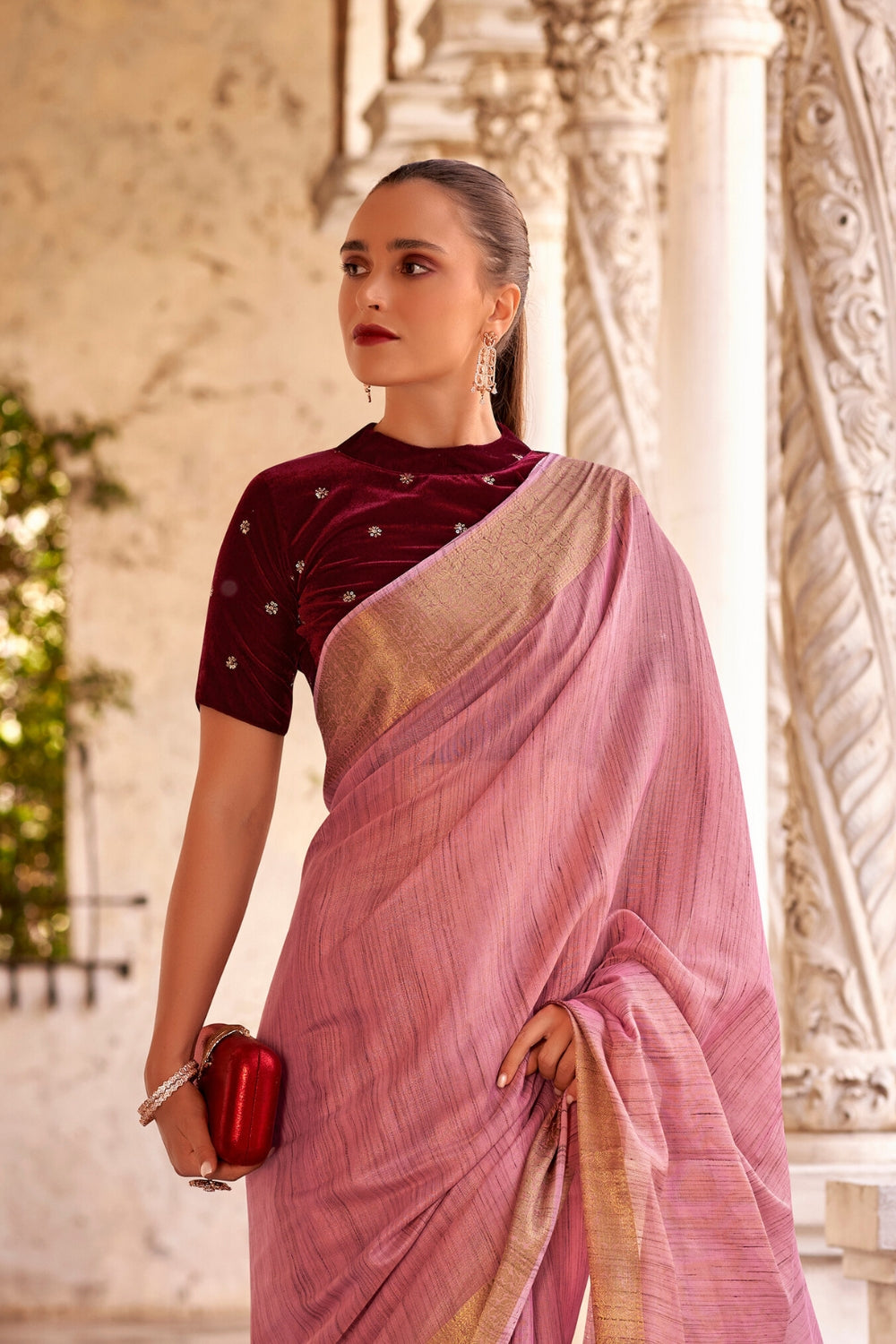 Pink Tissue Linen With Zari Weaving  Saree