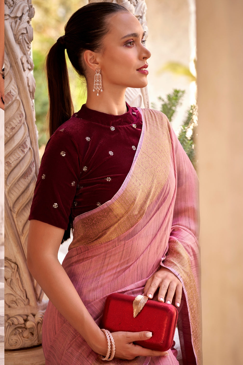 Pink Tissue Linen With Zari Weaving  Saree