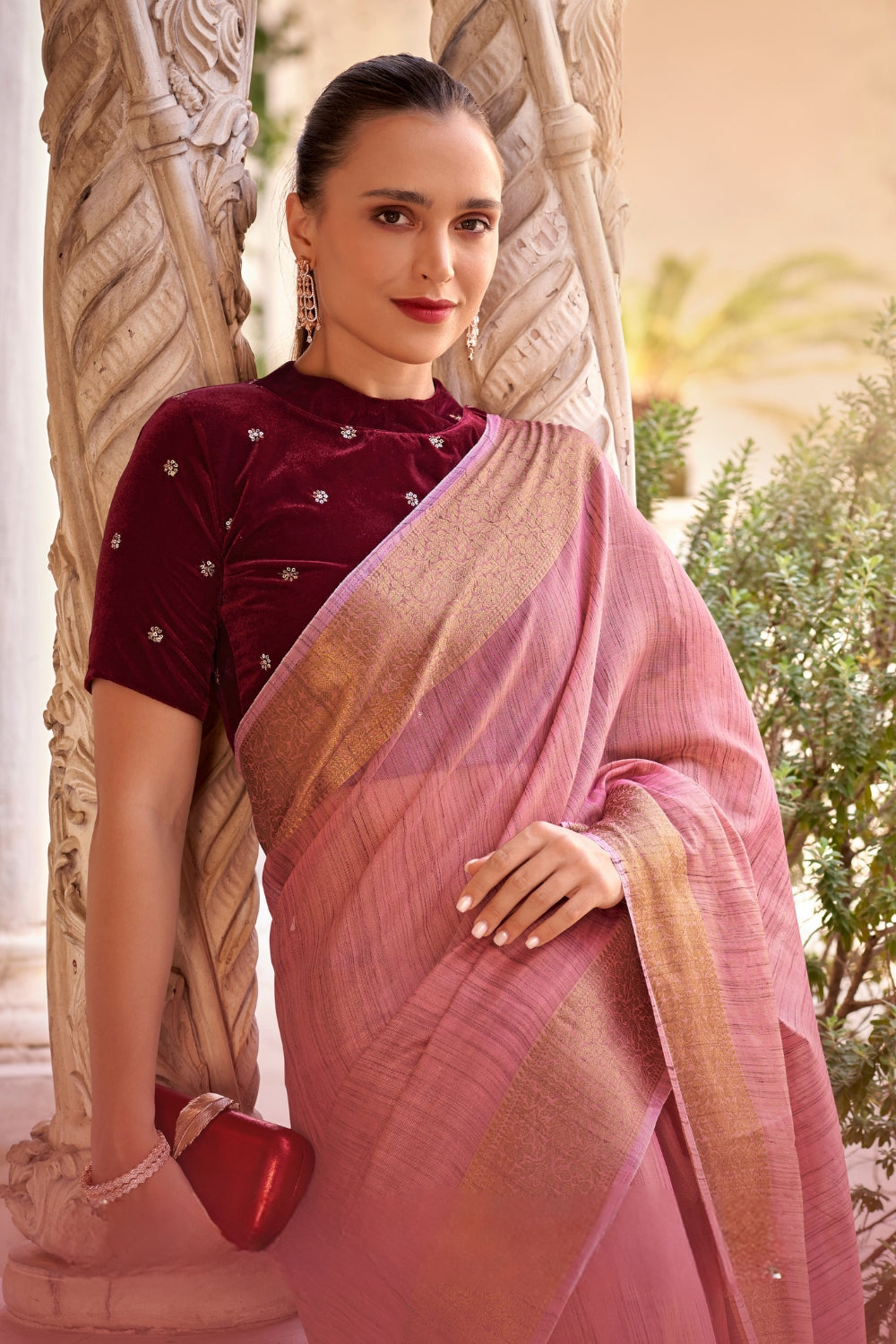 Pink Tissue Linen With Zari Weaving  Saree