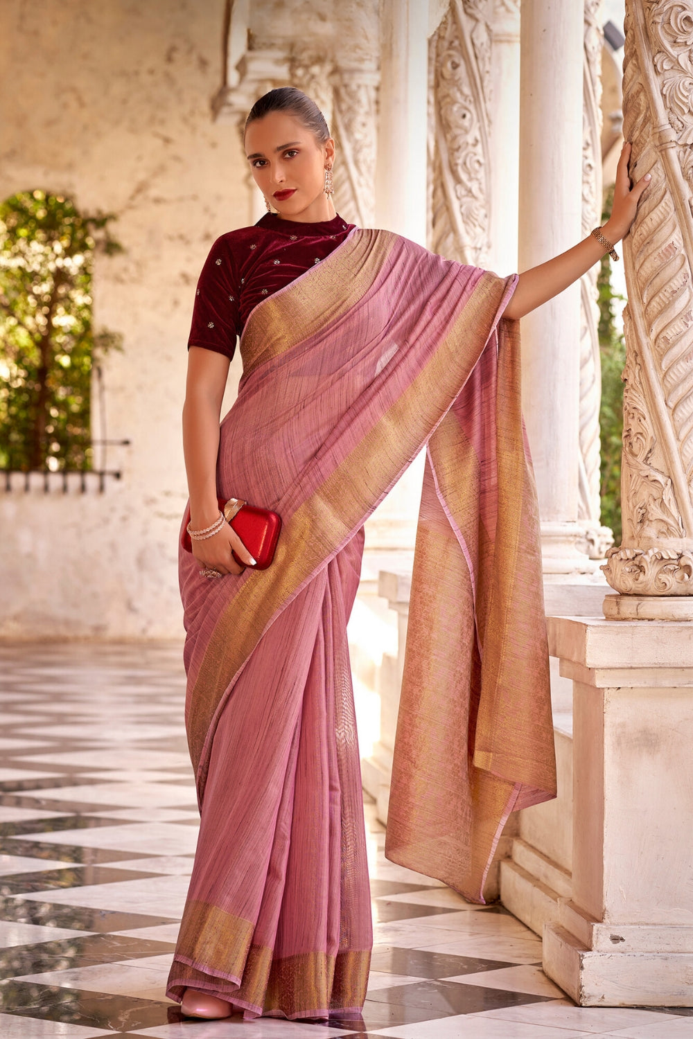 Pink Tissue Linen With Zari Weaving  Saree