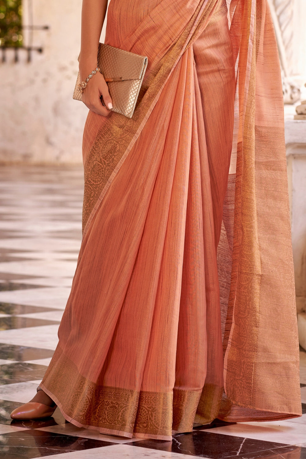 Orange Tissue Linen With Zari Weaving  Saree