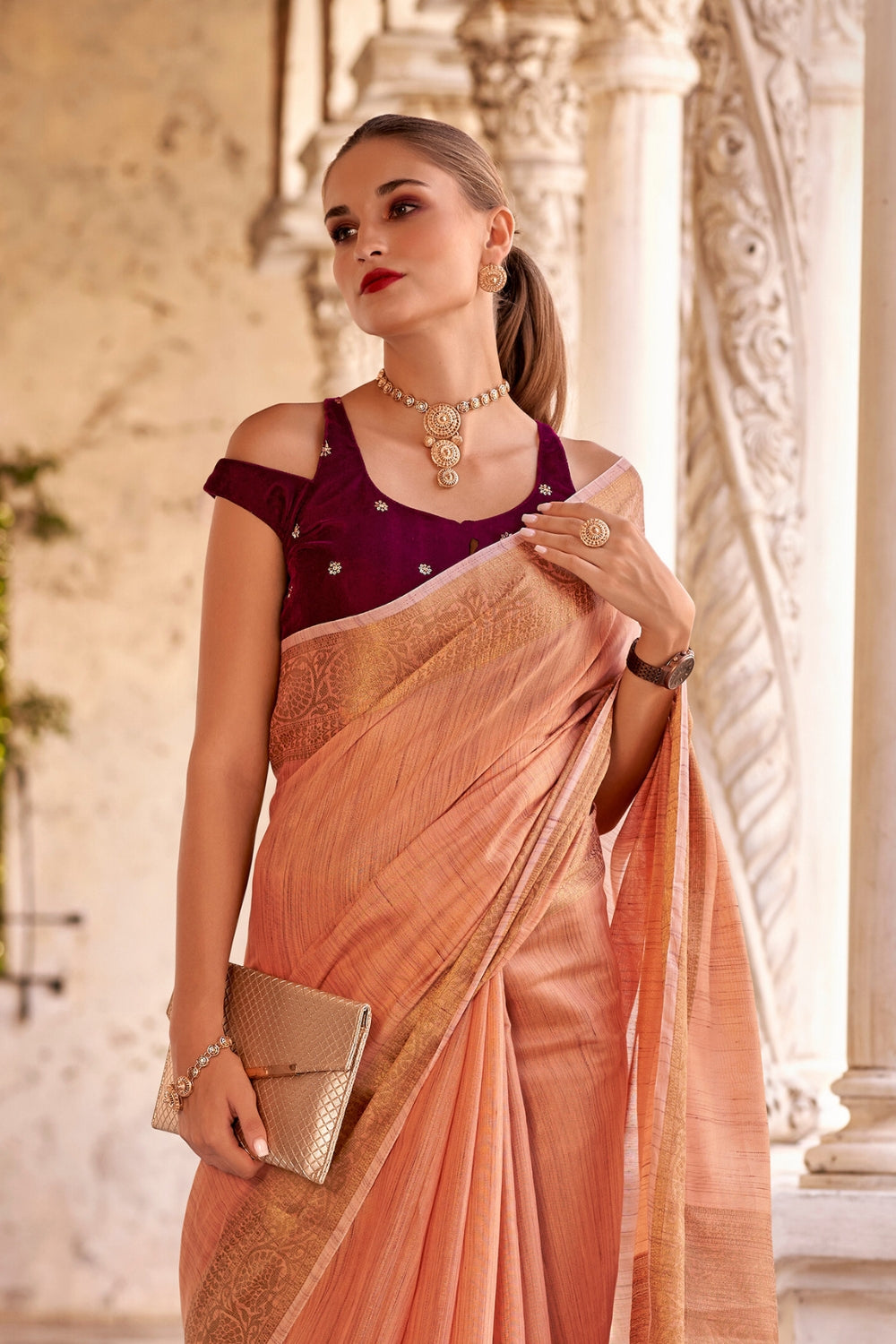 Orange Tissue Linen With Zari Weaving  Saree