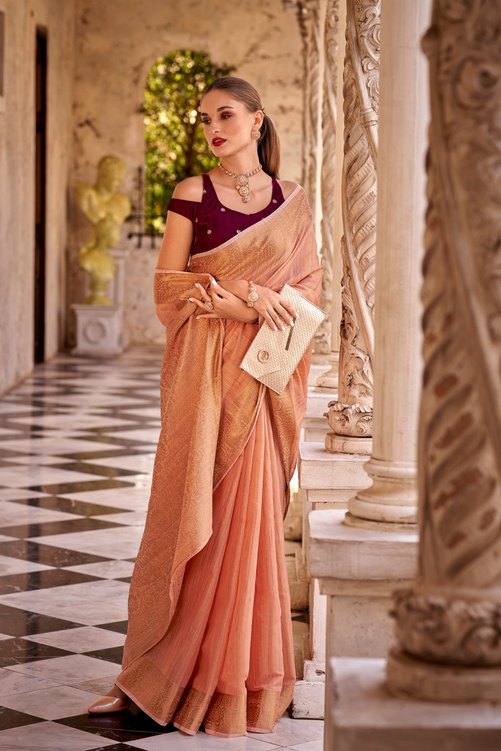 Orange Tissue Linen With Zari Weaving  Saree