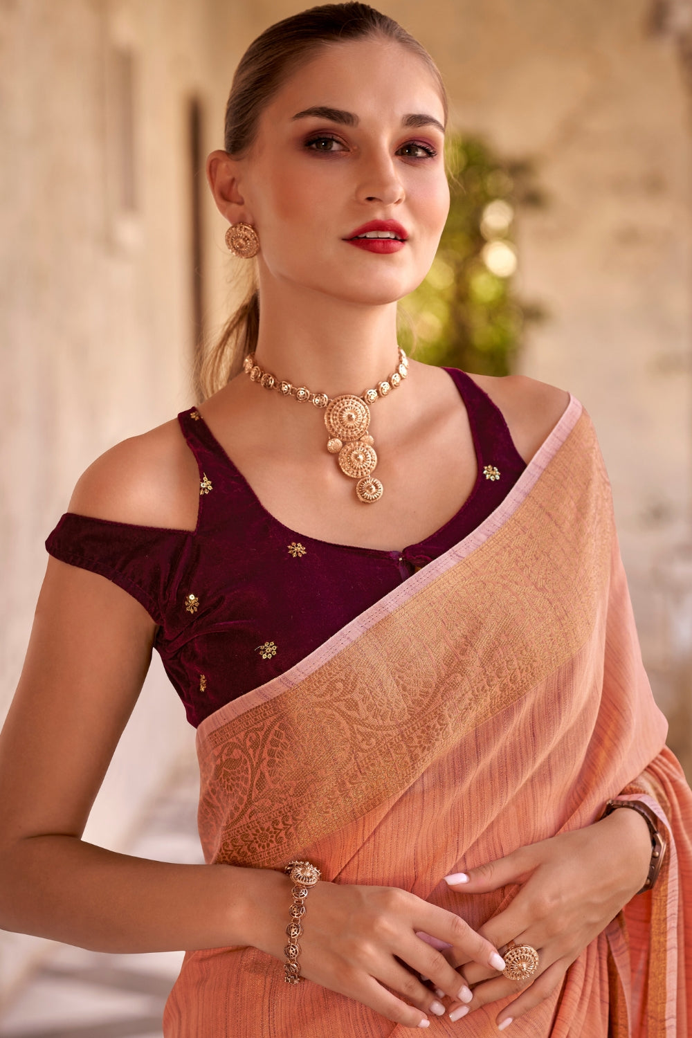 Orange Tissue Linen With Zari Weaving  Saree