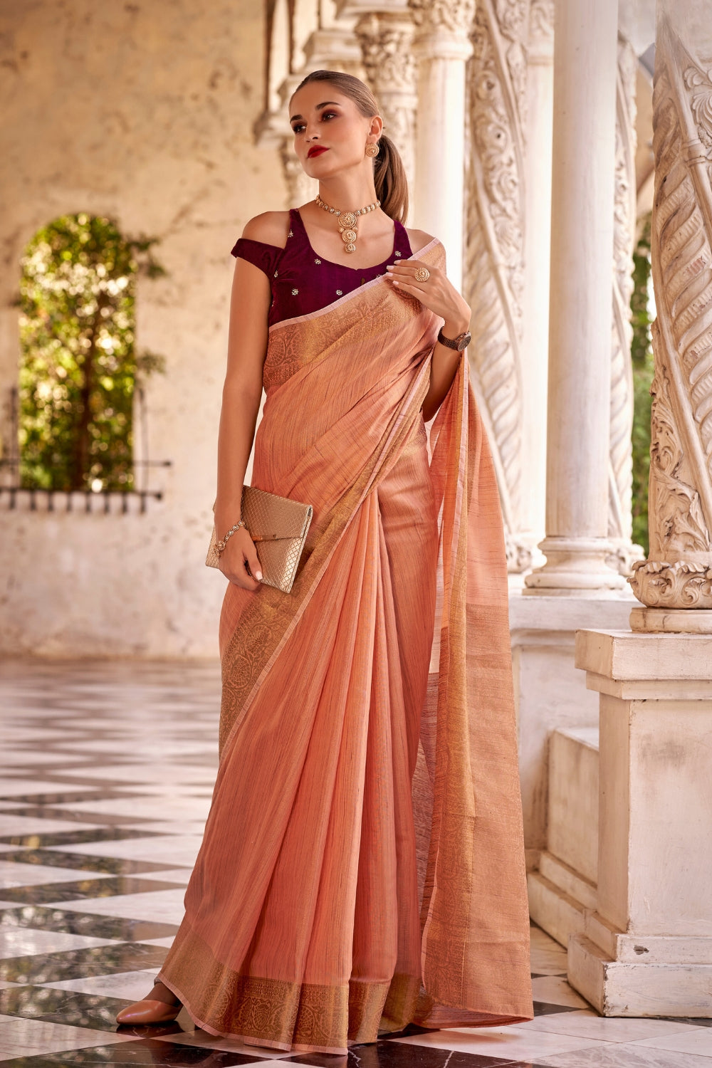 Orange Tissue Linen With Zari Weaving  Saree