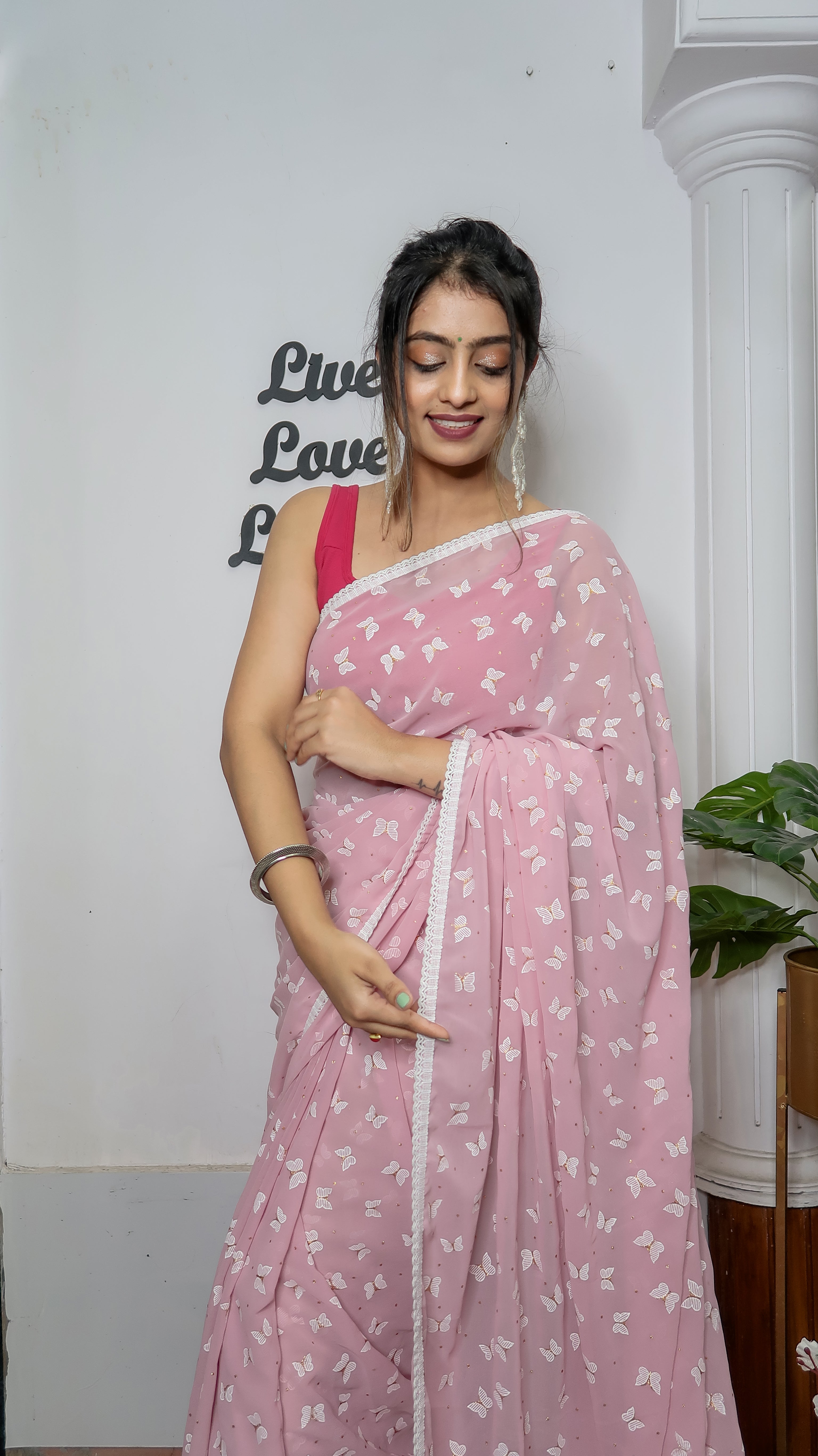 Pink Georgette Saree With Satin Benglori Blouse