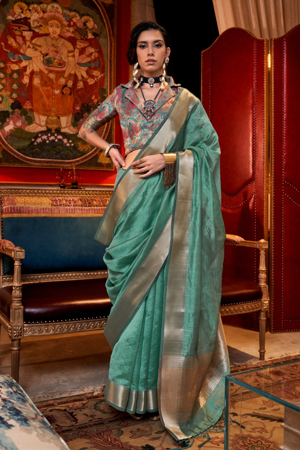 Teal Green Moss Chiffon Saree