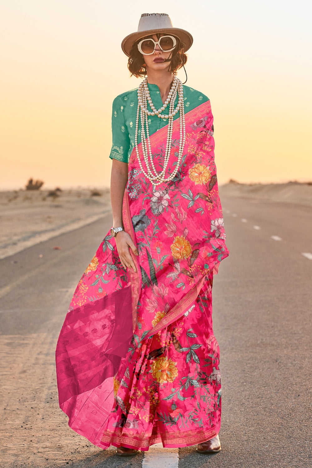 Rouge Pink Printed Tussar Saree