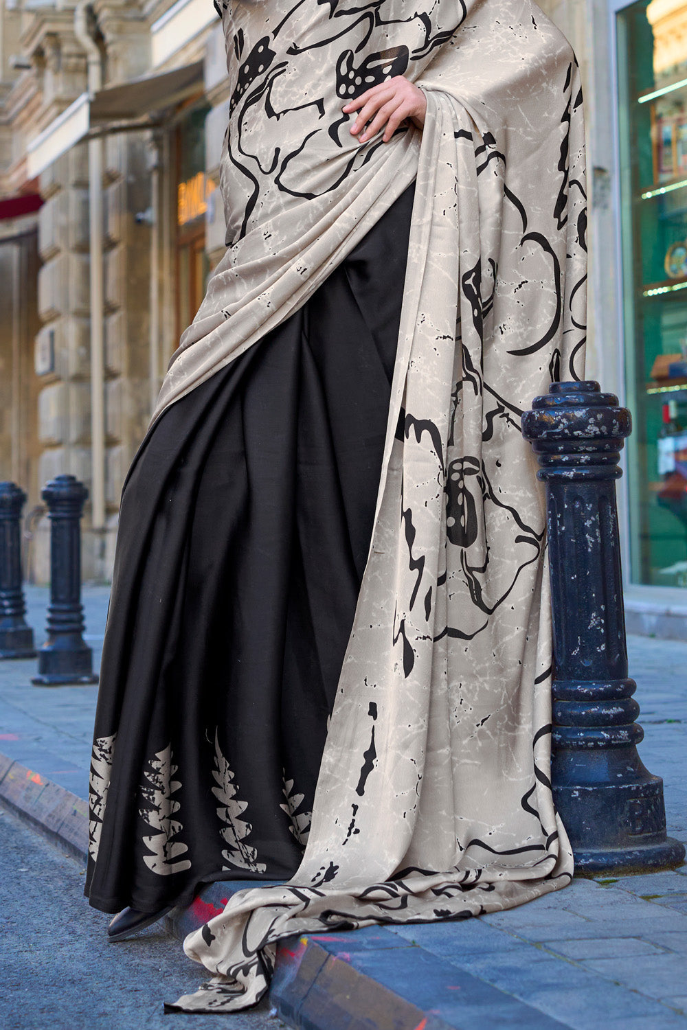 Black & White Satin Silk Saree