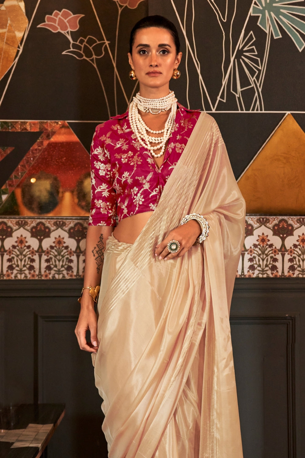 Cream White Viscose Saree