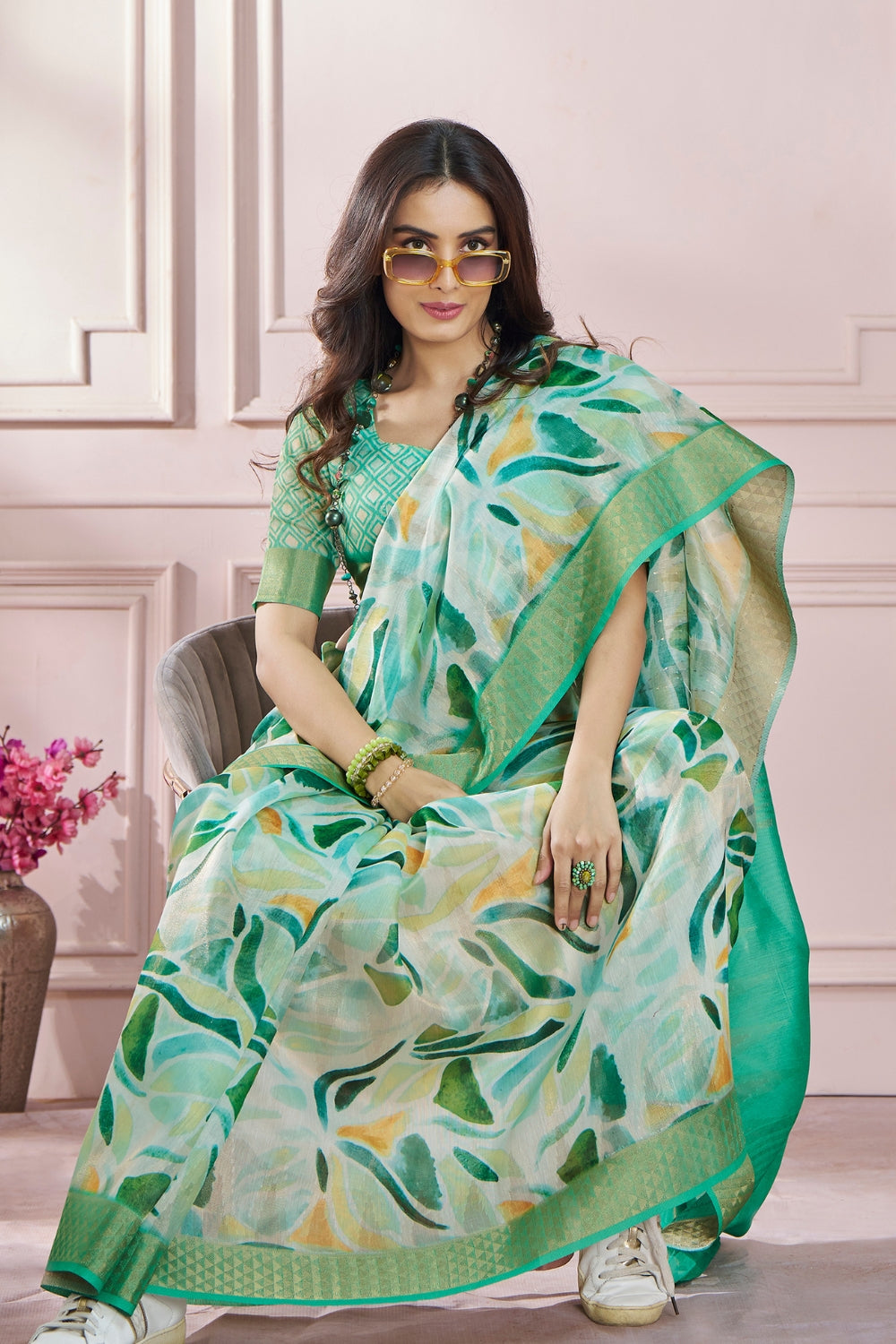 Green Digital Print Saree