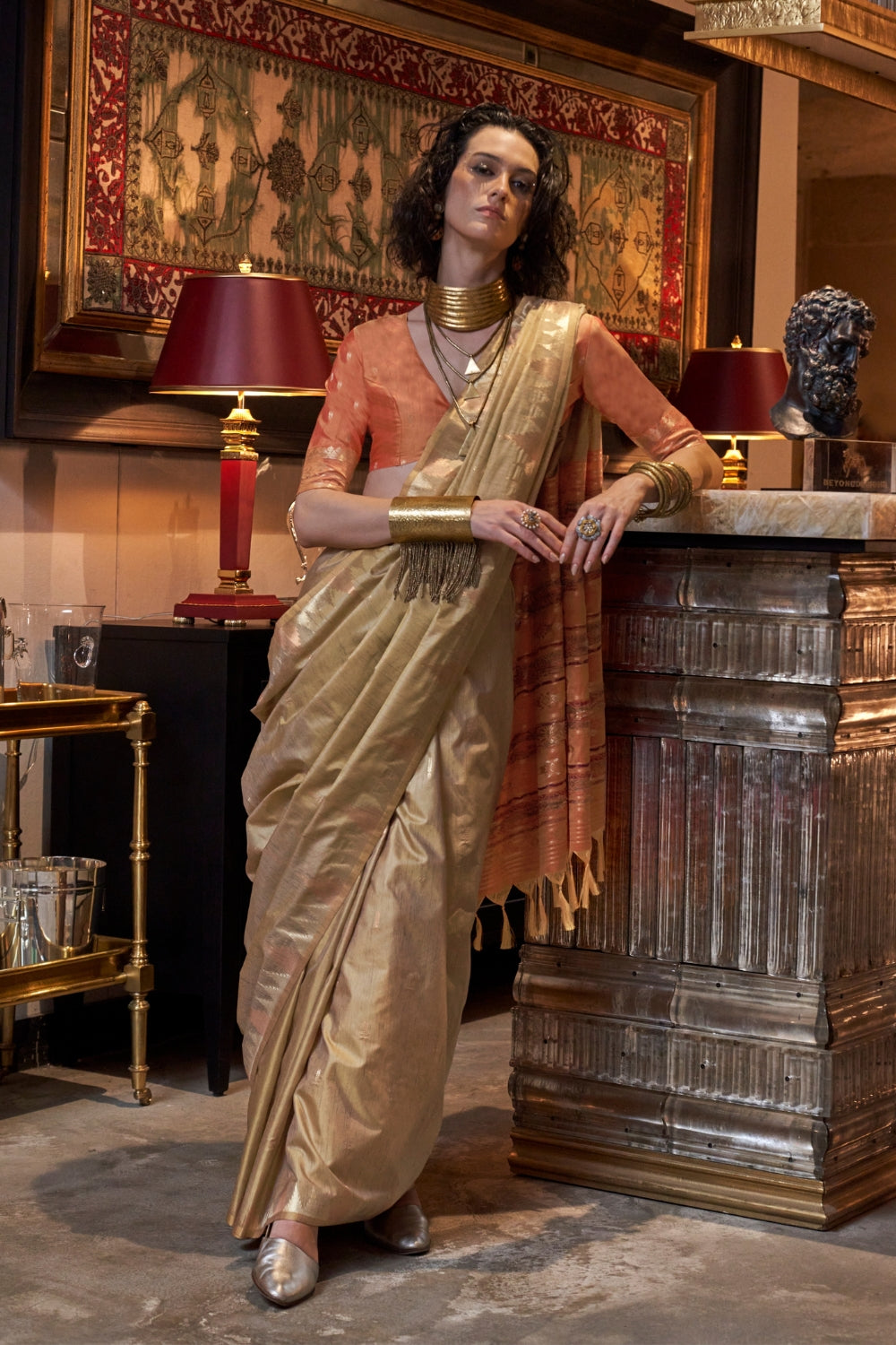 Cream Tussar Silk Saree