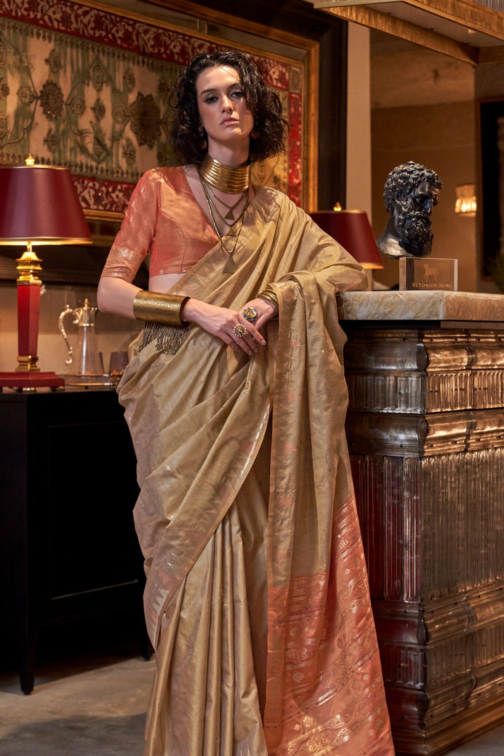 Cream Tussar Silk Saree