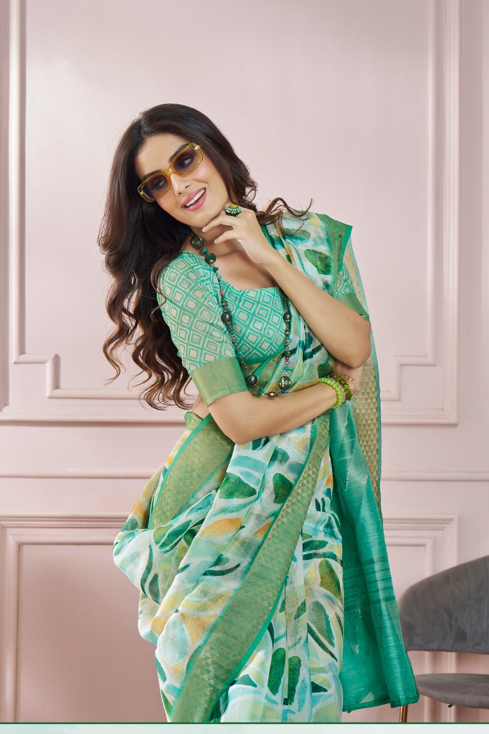 Green Digital Print Saree