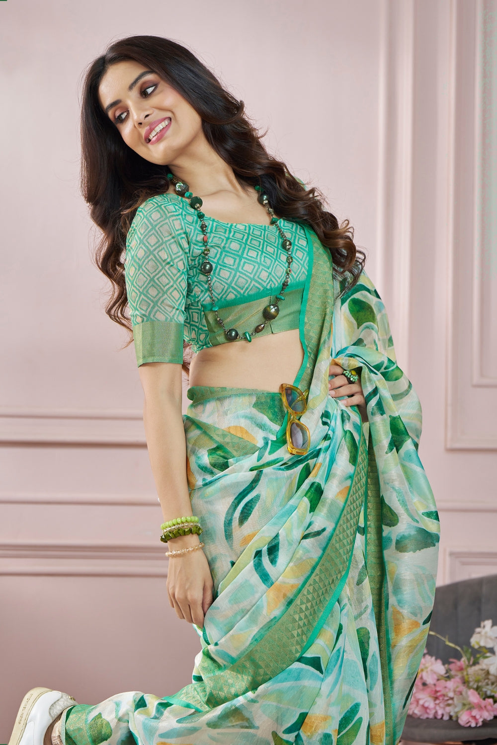 Green Digital Print Saree